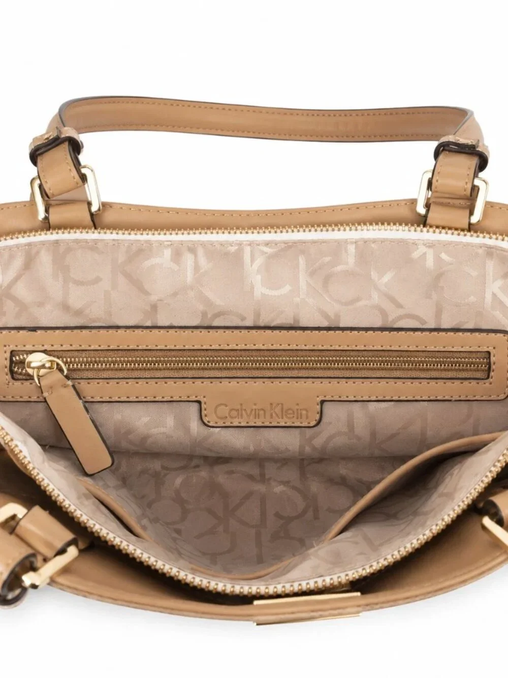 Calvin Klein CK Monogram Beige Tan Shoulder Bag Satchel Purse Gold Hardware